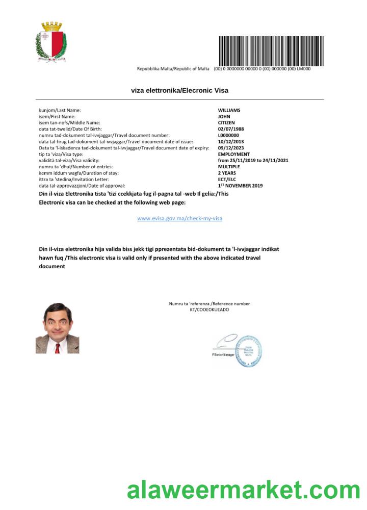 Malta e-visa in Word and PDF template